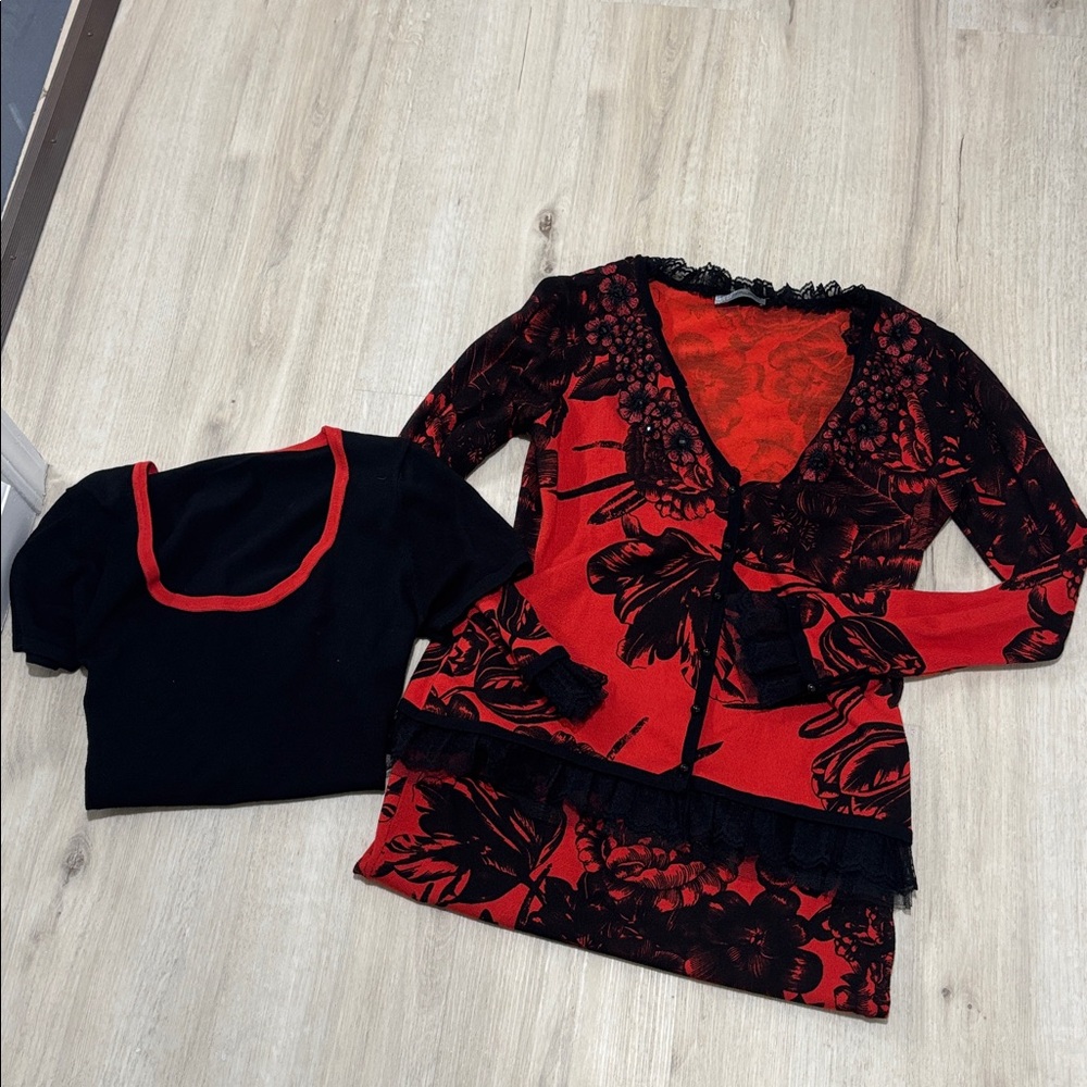Floral Red and Black 3 piece set-Cardigan, Skirt, and shirt